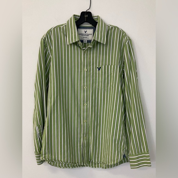 AMERICAN EAGLE Men’s Vintage Green Striped 100% Cotton Button Front Shirt, sz LG - Picture 2 of 10